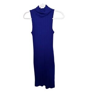 Nine West Blue Sleeveless Ribbed Mock Neck Bodycon‎ Midi Dress
